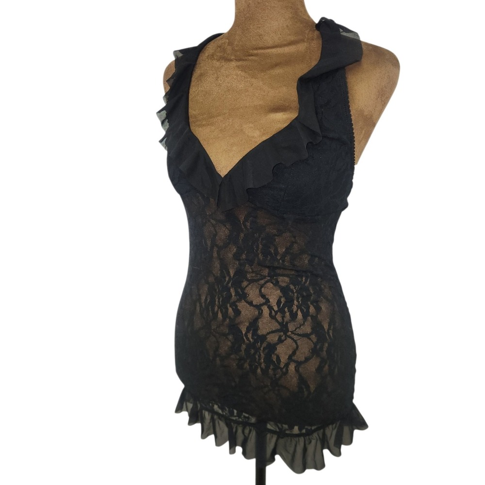 Jezebel Babydoll Size S Ruffles Halter Style Black Lace Lingerie Sheer Stretch